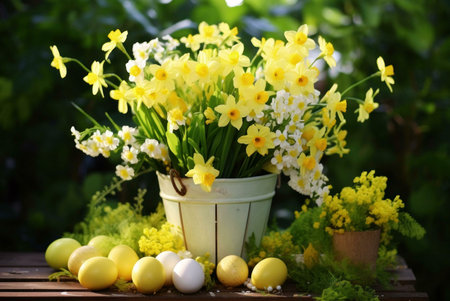A vibrant springtime scene featuring a bucket of daffodils, surrounded by pastel Easter eggs and...