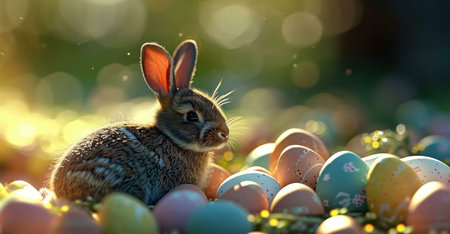 A charming Easter bunny nestled among a pile of colorful eggs, basking in the warm spring sunlight.