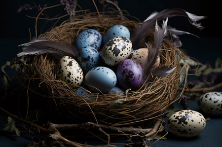 A close-up shot of speckled bird eggs in a rustic nest, accented with feathers and branches. Dark and moody.の写真素材