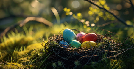 Colorful Easter eggs nestled in a bird's nest surrounded by lush green moss and springtime foliage.