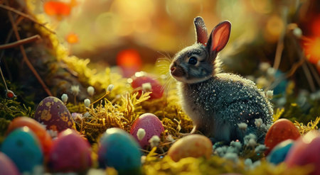 A charming Easter bunny sits among brightly colored eggs in a mossy forest setting. A joyful spring...