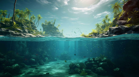 Stunning tropical island, half above, half below water. Showcases vibrant coral reef and palm trees.の写真素材