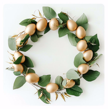 A beautiful golden Easter eggs wreath with fresh eucalyptus leaves.