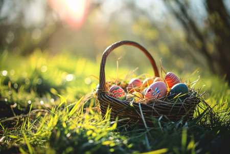 A wicker basket filled with colorful Easter eggs sits in a sunlit meadow. Happy Easter!