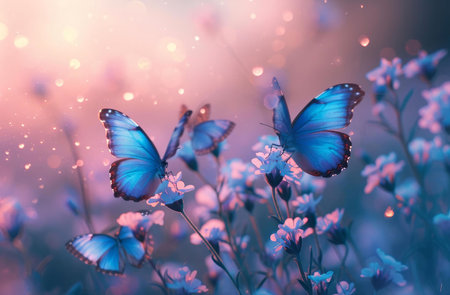 Three blue morpho butterflies rest on delicate flowers in a magical meadow. Soft light and pastel colors create a dreamlike atmosphere.の写真素材