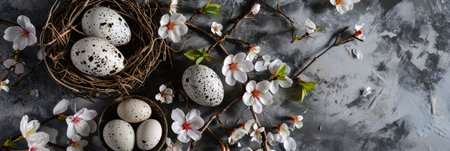 Quail eggs in a bird nest surrounded by delicate white almond blossoms. A beautiful Easter scene.