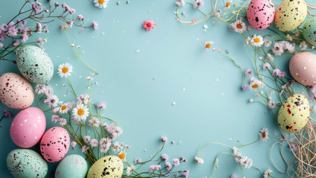 A vibrant Easter arrangement featuring pastel eggs, delicate flowers, and a light blue backdrop....