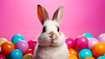 A charming white bunny surrounded by colorful Easter eggs against a pink backdrop.の写真素材