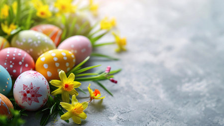A vibrant image of Easter eggs nestled among daffodils and grass. The scene evokes spring and...