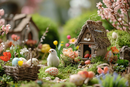 A delightful Easter scene featuring a miniature village, colorful eggs, and a cute white bird. The...
