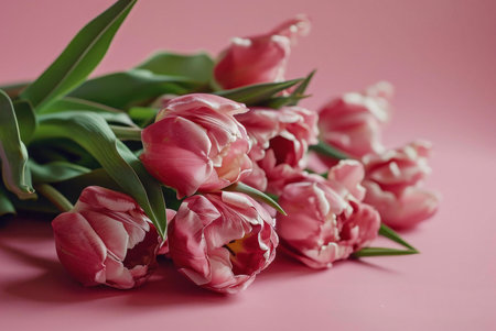 Close-up of a beautiful bouquet of pink tulips on a pink background. Perfect for Valentine's Day or Mother's Day.の写真素材