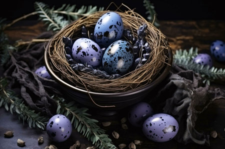 Three blue quail eggs in a rustic bird's nest. Dark and moody atmosphere.