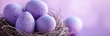 Close-up of pastel purple speckled Easter eggs nestled in a bird's nest. Springtime and holiday...