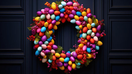 A vibrant Easter egg wreath, a cheerful spring decoration. Perfect for adding a festive touch to...