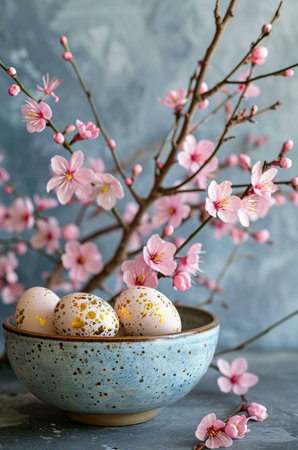 Pastel Easter eggs adorned with gold accents rest in a rustic bowl, nestled amongst delicate pink blossoms. A springtime scene.の写真素材