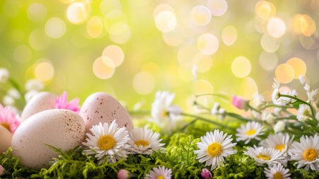 Pastel colored Easter eggs nestled amongst delicate daisies and vibrant green moss. A springtime...