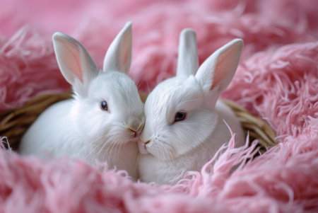 Two white bunnies snuggle together in a soft pink nest. A heartwarming scene.の写真素材