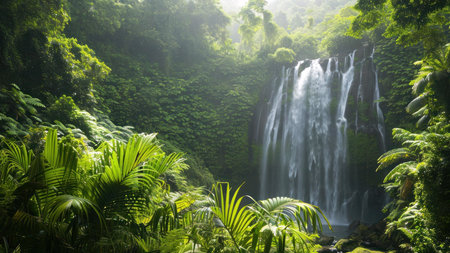 A breathtaking waterfall cascades down a lush, green cliff face in a tropical rainforest. The scene is serene and peaceful, showing the beauty of untouched nature.の写真素材
