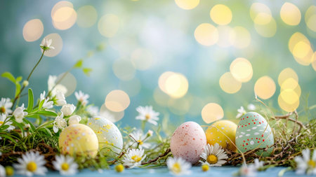 Decorative Easter eggs nestled amongst blooming daisies in a vibrant spring setting.