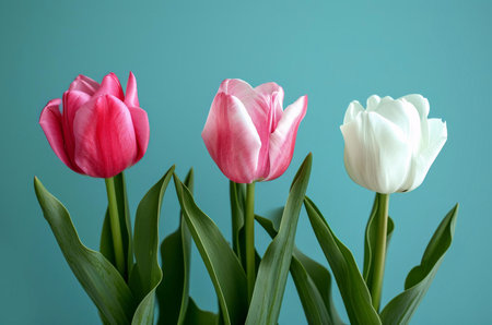 Three tulips, pink, white and light pink, stand elegantly against a teal background. The image...