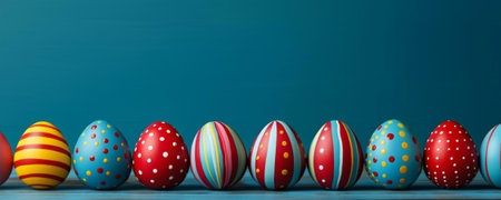 Row of colorful painted Easter eggs on a teal background. Perfect for Easter greetings!の写真素材