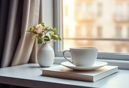 A white cup of coffee sits on a book by a window, bathed in morning sunlight, with a rose in a vase nearby. A peaceful scene.の写真素材