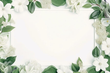 White flowers and lush green leaves create a beautiful frame. Perfect for invitations or decoration.の写真素材