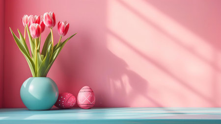 Pink tulips in a teal vase with pastel Easter eggs on a light blue table against a pink wall.