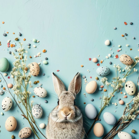 A charming Easter bunny sits amidst pastel eggs and delicate flowers. A perfect spring image!