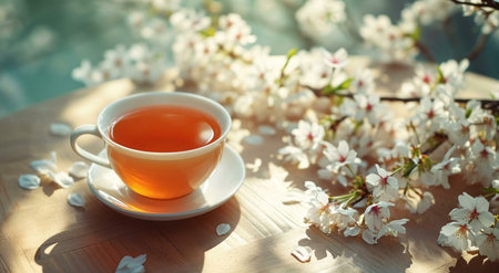 A cup of tea rests on a wooden table, surrounded by delicate cherry blossoms in the warm spring sunlight. A moment of serenity.の写真素材