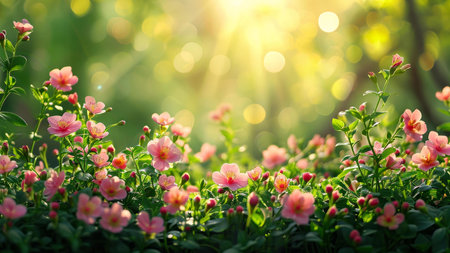 A close-up of pink flowers in full bloom with the morning sun shining through the leaves creating a...