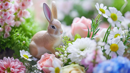 A close-up image of a cute bunny figurine surrounded by colorful spring flowers, creating a vibrant and joyful scene.の写真素材