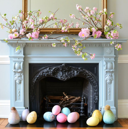 Pastel Easter eggs arranged on the mantle in front of a vintage fireplace adorned with a floral...