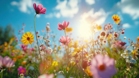 A vibrant image of wildflowers in a meadow bathed in the warm glow of the sun.の写真素材