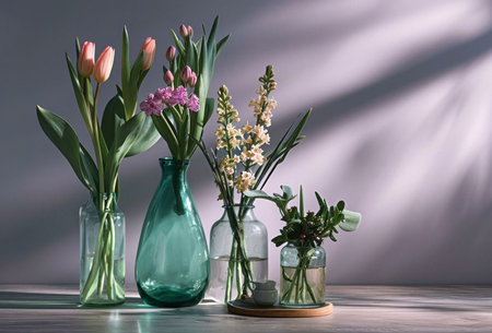 A beautiful floral arrangement in various glass vases. Sunlight casts shadows.の写真素材