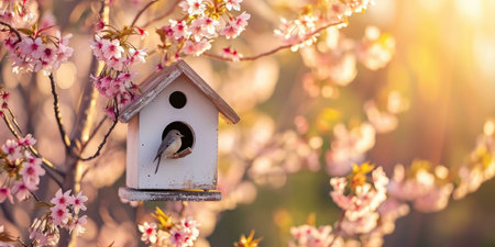 A small bird sits inside a birdhouse attached to a cherry blossom tree. The sun shines through the branches, illuminating the pink flowers.の写真素材