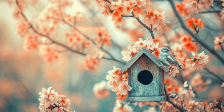 A small bird perched on a wooden birdhouse surrounded by delicate pink cherry blossoms. The image captures the beauty of nature and the harmony between wildlife and the environment.の写真素材