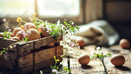 A rustic wooden crate filled with fresh eggs and adorned with delicate white flowers, creating a...
