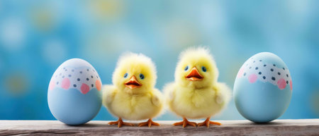 Two fluffy yellow chicks flank pastel blue Easter eggs. A spring-themed image.
