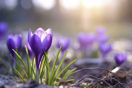 A close-up image of a purple crocus in bloom during the spring. Sunlight illuminates the flower's...