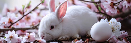 A close-up photo of a white rabbit resting beside a white Easter egg amongst delicate pink and white...