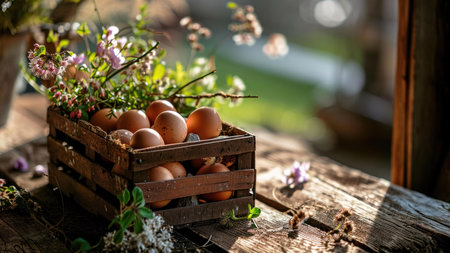 A wooden crate filled with fresh eggs, surrounded by blooming flowers, sits on a rustic wooden table.の写真素材