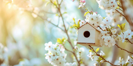 A small wooden birdhouse nestled amidst delicate white blossoms on a branch, bathed in warm...