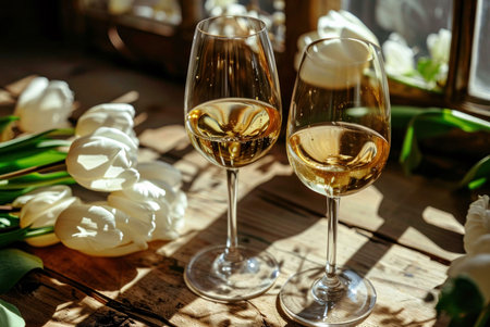 Two glasses of crisp white wine, bathed in sunlight, sit on a rustic wooden table beside a bouquet of fresh, white tulips.の写真素材