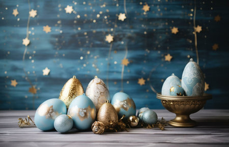 Blue and gold Easter eggs arranged beautifully on a wooden table against a sparkly blue backdrop.