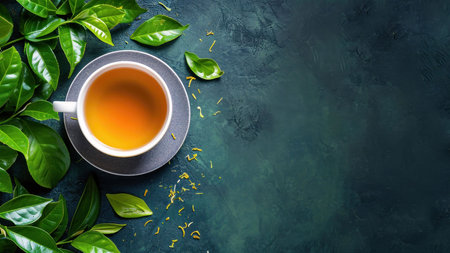 A close-up shot of a cup of tea with green leaves on a rustic background. The image creates a sense of calm and tranquility, suggesting a moment of relaxation.の写真素材