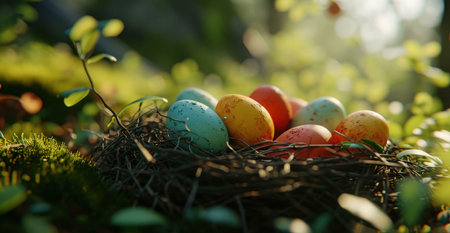 A vibrant image of colorful eggs in a bird's nest nestled within a lush spring forest.