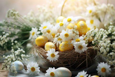 A charming springtime scene with yellow and white Easter eggs in a bird's nest, surrounded by...