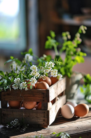 A rustic wooden crate filled with fresh brown eggs, adorned with delicate white flowers, captures...