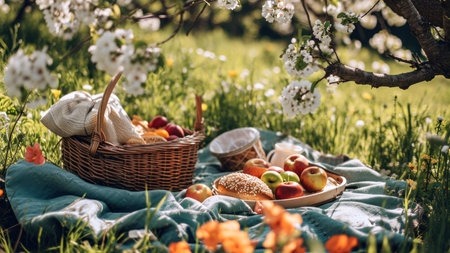 A picnic basket filled with fresh fruit and bread, under a tree with blossoming white flowers. The scene is sunny and joyful, and the perfect spot for a relaxing lunch in nature.の写真素材